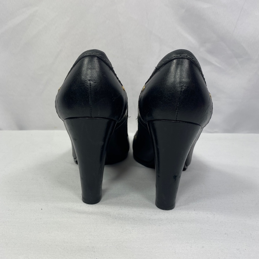 Chloe Front Brass Plate Block Heel Pump Round Toe Blk White Contrast Stitch 37.5 - Picture 8 of 16